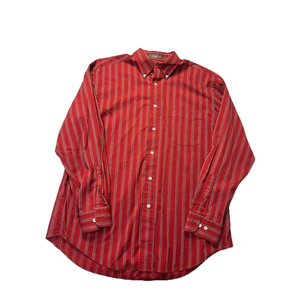 Cremieux Mens Button Up Shirt Large Red Striped Long Sleeve Cotton Casual Dress